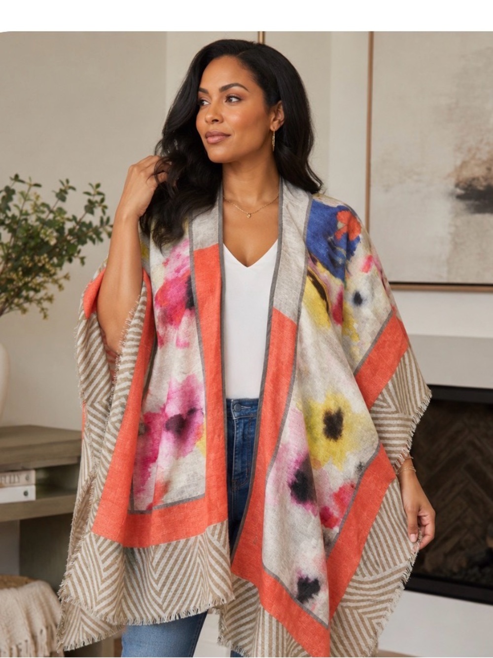 Blank London Floral Wool Rayon Poncho Kimono One Size Boho Fringe Cape
